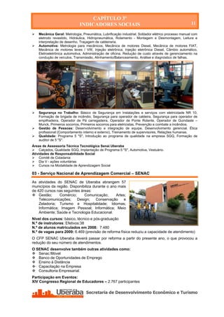 CAPÍTULO 3º
                              INDICADORES SOCIAIS                                                     11

   Mecânica Geral: Metrologia, Pneumática, Lubrificação industrial, Soldador elétrico processo manual com
    eletrodo revestido, Hidráulica, Hidropneumática, Rolamento - Montagem e Desmontagem, Leitura e
    interpretação de desenho, Traçagem de caldeiraria.
   Automotiva: Metrologia para mecânicos, Mecânica de motores Diesel, Mecânica de motores FIAT,
    Mecânica de motores leves / VW, Injeção eletrônica, Injeção eletrônica Diesel, Câmbio automático,
    Eletroeletrônica automotiva, Administração de oficina, Redução de custo através de gerenciamento na
    condução de veículos, Transmissão, Alinhamento/Balanceamento, Análise e diagnóstico de falhas.




   Segurança no Trabalho: Básico de Segurança em Instalações e serviços com eletricidade NR 10,
    Formação de brigada de incêndio, Segurança para operador de caldeira, Segurança para operador de
    empilhadeira, Operador de Pá carregadeira, Operador de Ponte Rolante, Operador de Guindaste –
    Munck, Primeiros socorros, Primeiros socorros para eletricistas, Prevenção e combate a incêndios.
   Gestão de Pessoas: Desenvolvimento e integração de equipe, Desenvolvimento gerencial, Ética
    profissional (Comportamento interno e externo), Treinamento de supervisores, Relações humanas.
   Qualidade: Programa 5 "S", Introdução ao programa de qualidade na empresa SGQ, Formação de
    auditor de 5 "S".
Áreas de Assessoria Técnica Tecnológica Senai Uberaba
 Calçados, Qualidade SGQ, Implantação de Programa 5 "S", Automotiva, Vestuário.
Atividades de Responsabilidade Social
 Comitê de Cidadania
 Dia V - ações voluntárias
 Cursos na Modalidade de Aprendizagem Social

03 - Serviço Nacional de Aprendizagem Comercial – SENAC

As atividades do SENAC de Uberaba abrangem 57
municípios da região. Disponibiliza durante o ano mais
de 420 cursos nas seguintes áreas:
 Gestão;       Comércio;     Comunicação;       Artes;
    Telecomunicações;     Design;     Conservação    e
    Zeladoria; Turismo e Hospitalidade; Idiomas;
    Informática; Imagem Pessoal; Informática; Meio
    Ambiente; Saúde e Tecnologia Educacional.
Nível dos cursos: básico, técnico e pós-graduação
N.º de instrutores: Efetivos:38
N.º de alunos matriculados em 2008: 7.480
N.º de vagas para 2009: 6.469 (previsão de reforma física reduziu a capacidade de atendimento)
O CFP SENAC Uberaba deverá passar por reforma a partir do presente ano, o que provocou a
redução do seu número de atendimentos.
O SENAC desenvolve também outras atividades como:
 Senac Móvel
 Banco de Oportunidades de Emprego
 Ensino à Distância
 Capacitação na Empresa
 Consultoria Empresarial.
Participação em Eventos:
XIV Congresso Regional de Educadores – 2.767 participantes




    Secretaria de Desenvolvimento Econômico e Turismo - SEDET
 