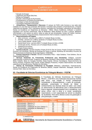 CAPÍTULO 3º
                                 INDICADORES SOCIAIS                                                   16

    * Geração de Energia;
    * Julgamento das Raças Zebuínas;
    * Manejo da Pastagem;
    * Nutrição e Alimentação de Ruminantes;
    * Processamento na Indústria Sucroalcooleira;
    * Tecnologia no Setor Sucroalcooleiro;
    * Tecnologias Integradas à Educação.
     Infraestrutura / Equipamentos e Recursos: O campus da FAZU onde funciona a sua sede está
instalado em uma área que contempla 186 hectares. Compõem este complexo a Fazenda-Escola, o Hospital
Veterinário de Uberaba - HVU, Laboratórios diversos, Laboratório de Tecnologia, Laboratórios de Informática,
Núcleo de Excelência em Engenharia de Alimentos - NEEA, Oficina Acadêmica; Anfiteatro e Auditório
equipados com recursos audiovisuais, Sala de Multimeios, Rede Wireless em todo o campus, Biblioteca
informatizada e com acesso ao acervo, todas as salas de aula climatizadas, Campo de Futebol, Cantinas,
Áreas de Convivência, Praça de Eventos, Estacionamento Interno Gratuito e Capela Ecumênica.
     Desenvolvimento de Projetos
        Zebu na Escola – parceria com a ABCZ e Fundação Museu do Zebu.
        Giroleite - parceria com a ABCZ, Girolando e Fundação Museu do Zebu.
        Leia e Passe Adiante - Núcleo FAZU.
        Saúde Brasil Carne - parceria ABCZ, Fundação Museu do Zebu e ACNB.
        Construção da Paz - Parceria com a Fundação Museu do Zebu.
        Assessoria de Eventos.
        Projeto Porteira Adentro.
     Eventos Culturais: Jornada Científica; Projeto 20 & 40; Dias de Campo; Projeto Contação de Histórias;
Encontro com Escritores; Oficinas de Produção de Textos e Leituras; Workshop de Informática; Encontro de
Desenvolvimento de Sistemas; Dia de Agronegócio; CONCANA.
     Eventos Esportivos e Sociais: Gincana Universitária FAZU – Ação Solidária, Trote Solidário, Dia de
Responsabilidade Social.
     Serviços Existentes de Treinamento Profissional para Estudantes: Estágios curricular
supervisionado e extracurricular, Programa de Monitoria Voluntária e Remunerada, Nivelamento Acadêmico,
Bolsa Trabalho, Bolsa de Iniciação Científica, Bolsa Esporte, Clínicas Tecnológicas, Desenvolvimento de
Novos Produtos, Programa FAZU Social, Projeto Diálogos Produtivos, Projetos desenvolvidos nos setores
específicos da fazenda-escola, Plantões de Informática.
     Setores de Treinamento Profissional na Faculdade: Biblioteca, Laboratórios, Fazenda-escola,
Núcleo de Excelência em Engenharia de Alimentos (NEEA), Hospital Veterinário, Recepção, Central de
Idiomas FAZU, Setor de Informática.

03 - Faculdade de Ciências Econômicas do Triângulo Mineiro – FCETM

                                            A Faculdade de Ciências Econômicas do Triângulo
                                            Mineiro – FCETM é uma Instituição Educacional mantida
                                            pela ACIU, cuja missão é formar profissionais
                                            competentes e empreendedores, a partir da produção,
               UNIUBE                       aplicação, preservação e difusão de idéias e
                                            conhecimentos nas diversas áreas do saber, com vistas
                                            ao oferecimento de alternativas para o desenvolvimento
                                            local e regional, compromissados com a excelência, com
                                            senso crítico, com a ética e a moral, socialmente
         FCETM                              responsáveis, e com capacidade de vencer os desafios
                                            da atualidade. Para tanto oferece cursos de graduação e
                                            pós-graduação, a saber:

                                                          Vagas /
              Cursos de Graduação - 2005                            Matriculados Formados
                                                         vestibular
      Administração – Matutino (*)                           20               15
                                                                                             79
      Administração – Noturno (*)                            100             389
      Administração – habilitação em Com. Exterior (*)        50             140             25
      Administração – habilitação em Marketing (*)           50              127             39
      Ciências Contábeis (*)                                 90              221             63
      Ciências Econômicas (*)                                100             104             33
      Total de professores:                   50
      Total de alunos                        996
               (*) vestibular anual




   Secretaria de Desenvolvimento Econômico e Turismo - SEDET
 