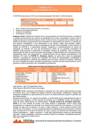 CAPÍTULO 3º
                                INDICADORES SOCIAIS                                                17


A FCETM conta ainda com 04 cursos de pós-graduação “lato Sensu” conforme abaixo:

                     Curso Pós-graduação - 2005             Vagas          Matriculados
             Controladoria e Finanças                           35               34
             Gestão Empresarial - MBA                           35               20
             Total de alunos                     54

   M.B.A - Gestão Empresarial (Executivo e Lato Sensu)
   Marketing e Estratégia de Mercado
   Auditoria e Contabilidade
   Controladoria e Finanças
Empresa Júnior: Definida por estatuto como uma associação civil, sem fins lucrativos, constituída
e dirigida exclusivamente por alunos de graduação dos cursos universitários, possui ainda o
código de ética do movimento Empresa Júnior. Funciona como uma ponte entre a sala de aula e a
prática do mercado, proporcionando aos universitários a oportunidade de conhecer o mercado em
que atuarão, completando o seu aprendizado e aos clientes, sejam eles grandes, médios,
pequenos e micro empresas, serviços e planejamento de alto nível e qualidade a custo reduzido. A
missão da FCETM Jr. é desenvolver pessoal, acadêmica e profissionalmente os alunos de
graduação da FCETM, que com ela envolverem-se; dentro de um ambiente cooperativo de
trabalho, proporcionando e garantindo à sociedade, serviços de qualidade, úteis e aplicáveis,
relacionados às áreas de suas formações universitárias e fundamentados nos conceitos de ética,
assegurando assim sua manutenção e o desenvolvimento de seu espírito empreendedor e de
liderança. Por meio da FCETM Jr. (Empresa Júnior), os alunos dos cursos de graduação
realizam a prestação de serviços de consultoria nas áreas de administração, contabilidade e
economia (planejamento, pesquisa de marketing, fluxo de caixa, controle de estoque, estruturas
de custo, formação de preços, previsão orçamentária e estudos de layout empresarial) ao micro,
pequeno e médio empresário sob a orientação de professores.

                         Ações desenvolvidas pela Empresa Júnior em 2006
                                 N° alunos                                               N° de
                                                N° de
           Projeto/Ação         Consultores                          Parceiros          Pessoas
                                               Empresas
                                 Juniores                                              Atendidas
    Criança Feliz - Conclusão        14            01      CTBC, FCETM, ACIU              40
    Projeto ADEFU                    10            01      ADEFU, FCETM, ACIU              50
    Consultoria Pontual              12            05      FCETM                          10
    Missões Técnicas                 05            02      SEBRAE-MG FCETM, ACIU           80
    Participação no CIEM             05            12      FCETM                          45
    Desafio Sebrae                   03            15      SEBRAE-MG                      75
    Total                            49            36                                     300

Valor Mínimo : R$ 17,00 (Dezessete reais)
Valor Máximo: R$ 35,00 (Trinta e cinco reais)
A FCETM mantém programas de Extensão e pesquisa que vêm sendo desenvolvidos ao longo
dos últimos anos, com o objetivo de integrar a Escola à comunidade, viabilizando a difusão das
conquistas resultantes do aprimoramento do ensino, do desenvolvimento cultural e científico por
ela implementados.
Buscando proporcionar, ao mercado de trabalho, a oportunidade de ter empreendedores aptos a
gerenciar seus negócios, a ACIU, através de franquia com o SEBRAE, fundou em Uberaba o
curso de ensino médio-técnico em Administração. A Escola Técnica de Formação Gerencial -
ETFG é um novo modelo de escola, com aulas práticas e atualizadas, onde o aluno pode
acompanhar as mudanças de mercado e se preparar para comandar uma empresa. O curso tem
duração de três anos e substitui o 2º grau, e após concluí-lo, o aluno poderá continuar seus
estudos em nível superior. O curso é destinado apenas a adolescentes que terminaram o primeiro
grau, na faixa de 14 a 16 anos. Ao término do curso, o jovem com domínio em informática e dois
idiomas estrangeiros – inglês e espanhol – ainda terá conhecimentos amplos de administração
gerencial – direito e legislação, economia e mercado, filosofia e sociologia, contabilidade gerencial,
além dos conteúdos do núcleo comum.
Fonte: ACIU – 2004




    Secretaria de Desenvolvimento Econômico e Turismo - SEDET
 