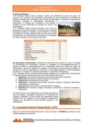 CAPÍTULO 3º
                             INDICADORES SOCIAIS                                                 23

Projetos de Destaque:
O IF Triângulo Mineiro Campus Uberaba constitui uma referência no campo do ensino, da
pesquisa e da extensão com significativo crescimento de suas atividades. As atividades de
pesquisa extensão são entendidas como princípio de elaboração e expressão de pensamento
construtivo, autônomo e independente, preconizando a
observação e o diálogo com a realidade, o que desafia o
conceito de mera reprodução do processo de ensino e de
aprendizagem.
O IF Triângulo Mineiro Campus Uberaba conta hoje com
pesquisas na área de fruticultura. Em parceria com empresas
de pesquisas púbicas e privadas, procura implantar um núcleo
de fruteiras do cerrado, espécies cada vez mais raras devido,
                                                               Plantação de Uvaia
principalmente, ao desmatamento proveniente da implantação
de culturas de grãos, cana-de-açúcar e pecuária.

                           Infraestrutura Física               Quantidade
                 Sala de aula                                        33
                 Laboratório                                         36
                 Auditório                                           02
                 Biblioteca                                          02
                 Alojamento                                          07
                 Consultório médico-odontológico                     01
                 Assistência ao educando: psicologia                 01
                 Refeitório                                          01
                 Lanchonete                                          02
                 Ginásio poliesportivo                               01
                 Campo de futebol                                    01

Os laboratórios compreendem: Laboratório de informática (8), química (1), física (1), biologia
(1), microbiologia (2), alimentação e nutrição (1), tecelagem (1), bromatologia/bioquímica (1),
análise de solos (1), geoprocessamento (1), inseminação artificial (1), fábrica de ração (1),
Agroindústria - laticínios e vegetais (1), secagem, armazenagem e beneficiamento de grãos (1),
psicultura (1), casa de vegetação (1), apicultura (1), mecanização agrícola (1), centro tecnológico
de carnes (1), cunicultura (1), irrigação e drenagem (1) e desenho e topografia (1).
O IF Triângulo Mineiro Campus Uberaba conta também com os laboratórios denominados
Unidades de Ensino, Pesquisa, Extensão e Produção (UEPEP) tais como:
     1. Zootecnia I: aves de corte e de postura, cunicultura, piscicultura e apicultura;
     2. Zootecnia II: suinocultura (cadeia completa) e ovinocultura;
     3. Zootecnia III: bovinocultura de corte e leite;
     4. Agricultura I: horticultura convencional, horticultura orgânica, hidroponia, plasticultura,
         compostagem e minhocultura;
     5. Agricultura II: culturas anuais e produção de feno e silagem;
     6. Agricultura III: fruticultura irrigada, fruticultura convencional e silvicultura (eucalipto e
         seringueira)

O Instituto possui uma infraestrutura de tecnologia de ponta na
área de irrigação e drenagem composta por um laboratório de
irrigação e drenagem, 02 pivot central com abrangência média
unitária de 30 ha., irrigação por micro aspersão e gotejamento,
irrigação com aspersão em circuito fechado enterrado e um
autopropelido.


07 – Universidade Federal do Triângulo Mineiro - UFTM

Possui um Centro de Formação Especial de 2° Grau em Saúde – CEFORES, que oferece cursos
profissionalizantes nas áreas de:




   Secretaria de Desenvolvimento Econômico e Turismo - SEDET
 