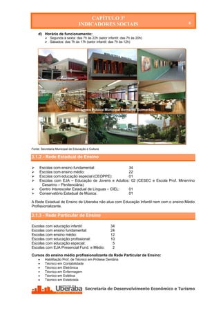 CAPÍTULO 3º
                                  INDICADORES SOCIAIS                                 6

    d) Horário de funcionamento:
          Segunda à sexta: das 7h às 22h (setor infantil: das 7h às 20h)
          Sábados: das 7h às 17h (setor infantil: das 7h às 12h)




                               Biblioteca Pública Municipal Bernardo Guimarães.




Fonte: Secretaria Municipal de Educação e Cultura

3.1.2 - Rede Estadual de Ensino

    Escolas com ensino fundamental:                 34
    Escolas com ensino médio:                       22
    Escolas com educação especial (CEOPPE):         01
    Escolas com EJA – Educação de Jovens e Adultos: 02 (CESEC e Escola Prof. Minervino
      Cesarino – Penitenciária)
    Centro Interescolar Estadual de Línguas – CIEL: 01
    Conservatório Estadual de Música:               01

A Rede Estadual de Ensino de Uberaba não atua com Educação Infantil nem com o ensino Médio
Profissionalizante.

3.1.3 - Rede Particular de Ensino

Escolas com educação infantil:                      34
Escolas com ensino fundamental:                     24
Escolas com ensino médio:                           12
Escolas com educação profissional:                  10
Escolas com educação especial:                       5
Escolas com EJA Presencial Fund. e Médio:            2

Cursos do ensino médio profissionalizante da Rede Particular de Ensino:
        Habilitação Prof. de Técnico em Prótese Dentária
        Técnico em Contabilidade
        Técnico em Eletrônica
        Técnico em Enfermagem
        Técnico em Estética
        Técnico em Esteticista




    Secretaria de Desenvolvimento Econômico e Turismo - SEDET
 