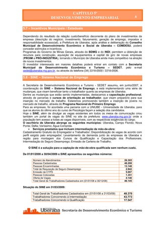 CAPÍTULO 5º
                      DESENVOLVIMENTO EMPRESARIAL                                       8


5.7 – Incentivos Municipais / Estaduais

Dependendo do resultado da relação custo/benefício decorrente do plano de investimentos da
empresa (descrição do negócio, investimento, faturamento, geração de emprego, impostos e
responsabilidade ecossocial), a Prefeitura de Uberaba, após análise e deliberação do Conselho
Municipal de Desenvolvimento Econômico e Social de Uberaba – COMDESU, poderá
conceder estímulos e incentivos.
Programas do Governo de Minas Gerais, através do BDMG e do INDI, permitem a obtenção de
recursos para construção, aquisição de equipamentos e capital de giro de novas empresas
(PROIM e PRÓ-INDÚSTRIA), tornando o Município de Uberaba ainda mais competitivo na atração
de novos investimentos.
O investidor interessado em maiores detalhes poderá entrar em contato com a Secretaria
Municipal de Desenvolvimento Econômico e Turismo – SEDET, pelo e-mail
sedet@uberaba.mg.gov.br, ou através do telefone (34) 3318-0500 / 3318-0506.

5.8 - SINE – Sistema Nacional de Emprego

A Secretaria de Desenvolvimento Econômico e Turismo - SEDET assumiu, em junho/2007, a
coordenação do SINE – Sistema Nacional de Emprego, e está implementando uma série de
mudanças, que visam beneficiar tanto o trabalhador quanto as empresas de Uberaba.
Dentre as mudanças que estão sendo implementadas, destacamos a capacitação profissional,
através de parcerias e cursos de orientação ao trabalhador, que visam prepará-lo para sua
inserção no mercado de trabalho. Estaremos promovendo também a inserção de jovens no
mercado de trabalho, através do Programa Nacional do Primeiro Emprego.
Para as empresas, foi acordada uma parceria com a UNIUBE - Universidade de Uberaba, para
que os alunos do último ano do curso de Psicologia façam a seleção dos candidatos.
Hoje o SINE, além de divulgar as vagas existentes em todos os meios de comunicação criou
também um portal de vagas do SINE no site da prefeitura: www.uberaba.mg.gov.br onde a
população tem acesso a todas as vagas disponíveis, com as respectivas exigências do cargo.
O escritório de Uberaba abrange os seguintes municípios: Uberaba, Campo Florido; Nova
Ponte; Delta; Veríssimo; Água Comprida.
     Serviços prestados que incluam intermediação de mão-de-obra:
Cadastramento Gratuito do Empregador e Trabalhador; Disponibilização de vagas de acordo com
perfil exigido pelo empregador; Levantamento de demanda junto às empresas de Uberaba e
região para montagem dos Cursos de Qualificação e Capacitação dos Profissionais;
Intermediação do Seguro Desemprego; Emissão de Carteira de Trabalho.

    O SINE é a solução para a captação de mão-de-obra qualificada sem nenhum custo.

De 01/01/2008 a 30/04/2009 o SINE apresentou os seguintes números:

       Número de Atendimentos                                                  26.305
       Pessoas Cadastradas                                                     48.208
       Pessoas Encaminhadas                                                    13.148
       Total de Requisição de Seguro Desemprego                                 2.842
       Emissão de CTPS                                                          5.097
       Pessoas Colocadas                                                        1.351
       Oferta de Vagas                                                          4.146
       Total Geral de Trabalhadores Cadastrados em (01/01/08 a 30/12/08)       46.145

Situação do SINE em 31/03/2009:

       Total Geral de Trabalhadores Cadastrados em (01/01/08 a 31/03/09)      48.370
       Trabalhadores Concorrendo à Intermediação                              43.773
       Trabalhadores Concorrendo à Qualificação                               17.547
 
