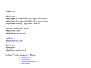 Références :
Github.com
https://github.com/search?utf8=✓&q=uber+clone
https://github.com/search?utf8=✓&q=Airbnb+clone
Disponibles en Ruby, Objective-C, Java, etc…
Système de paiement via API
https://stripe.com
https://www.paypal.com
Freelance :
www.freelancer.com
App Store :
Itunes.com
https://play.google.com/
Virtual Private Servers in Cloud
– https://vps.us
– https://vr.org
– https://digitalocean.com/
– AWS Amazon
 