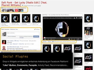 Social Plugins
Drop-in Widgets ermöglichen einfachste Anbindung an Facebook Plattform!
“Like”-Button, Comments, Facepile, Activity Feed, Recommendations...
 