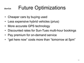 Future Optimizations
• Cheaper cars by buying used
• Less expensive hybrid vehicles (prius)
• More accurate GPS technology
• Discounted rates for Sun-Tues multi-hour bookings
• Pay premium for on-demand service
• “get here now” costs more than “tomorrow at 5pm”
22
 