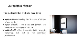Our team’s mission
The platforms that we build need to be
● highly scalable - handling data from tens of millions
of trips per day
● highly available - our riders and partners need
access to their documents & data 24/7
● highly flexible - Uber is operating in 80+ countries
worldwide, each with its own compliance
requirements
 