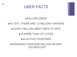 +
UBER FACTS
 MILLION USERS
 BY 2017, THERE ARE 1,5 MILLION+ DRIVERS
 OVER 2 BILLION UBER TRIPS TO DATE
 IN MORE THAN 737 CITIES
 84 ACTIVE COUNTRIES
 SPENDING OVER $500 MILLION ON MAP
TECHNOLOGY
 