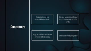 28
Customers
Easy service for
customers to use.
Create an account and
input their credit card
info.
App would show driver
availability nearby.
Track drivers progress
 