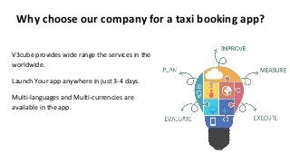 Why choose our company for a taxi booking app?
V3cube provides wide range the services in the
worldwide.
Launch Your app anywhere in just 3-4 days.
Multi-languages and Multi-currencies are
available in the app.
 