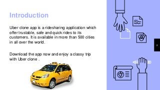 Introduction
Uber clone app is a ridesharing application which
offer trustable, safe and quick rides to its
customers. It is available in more than 500 cities
in all over the world.
Download the app now and enjoy a classy trip
with Uber clone .
2
 