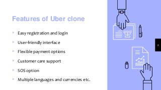 Features of Uber clone
▹ Easy registration and login
▹ User-friendly interface
▹ Flexible payment options
▹ Customer care support
▹ SOS option
▹ Multiple languages and currencies etc.
3
 