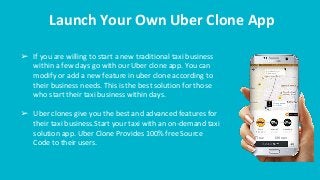 Launch Your Own Uber Clone App
➢ If you are willing to start a new traditional taxi business
within a few days go with our Uber clone app. You can
modify or add a new feature in uber clone according to
their business needs. This is the best solution for those
who start their taxi business within days.
➢ Uber clones give you the best and advanced features for
their taxi business.Start your taxi with an on-demand taxi
solution app. Uber Clone Provides 100% free Source
Code to their users.
 