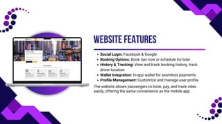 Social Login: Facebook & Google
Booking Options: Book taxi now or schedule for later
History & Tracking: View and track booking history, track
driver location
Wallet Integration: In-app wallet for seamless payments
Profile Management: Customize and manage user profile
WEBSITE FEATURES
The website allows passengers to book, pay, and track rides
easily, offering the same convenience as the mobile app.
 