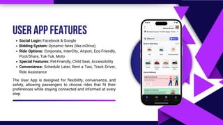 Social Login: Facebook & Google
Bidding System: Dynamic fares (like inDrive)
Ride Options: Corporate, InterCity, Airport, Eco-Friendly,
Pool/Share, Tuk-Tuk, Moto
Special Features: Pet-Friendly, Child Seat, Accessibility
Convenience: Schedule Later, Rent a Taxi, Track Driver,
Ride Assistance
USER APP FEATURES
The User App is designed for flexibility, convenience, and
safety, allowing passengers to choose rides that fit their
preferences while staying connected and informed at every
step.
 