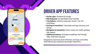 Social Login: Facebook & Google
Ride Requests: Accept/Reject trips instantly
Trip Options: InterCity, Corporate, Airport, Tuk-Tuk,
Pool/Share
Earnings & Incentives: Track daily earnings, bonuses, and
ratings
Navigation & Assistance: Smart routes, live traffic updates,
ride support
Additional Features: Schedule availability, Pet-Friendly
rides, Child Seat requests
DRIVER APP FEATURES
Designed to maximize driver efficiency, earnings, and safety
while delivering a seamless passenger experience.
 