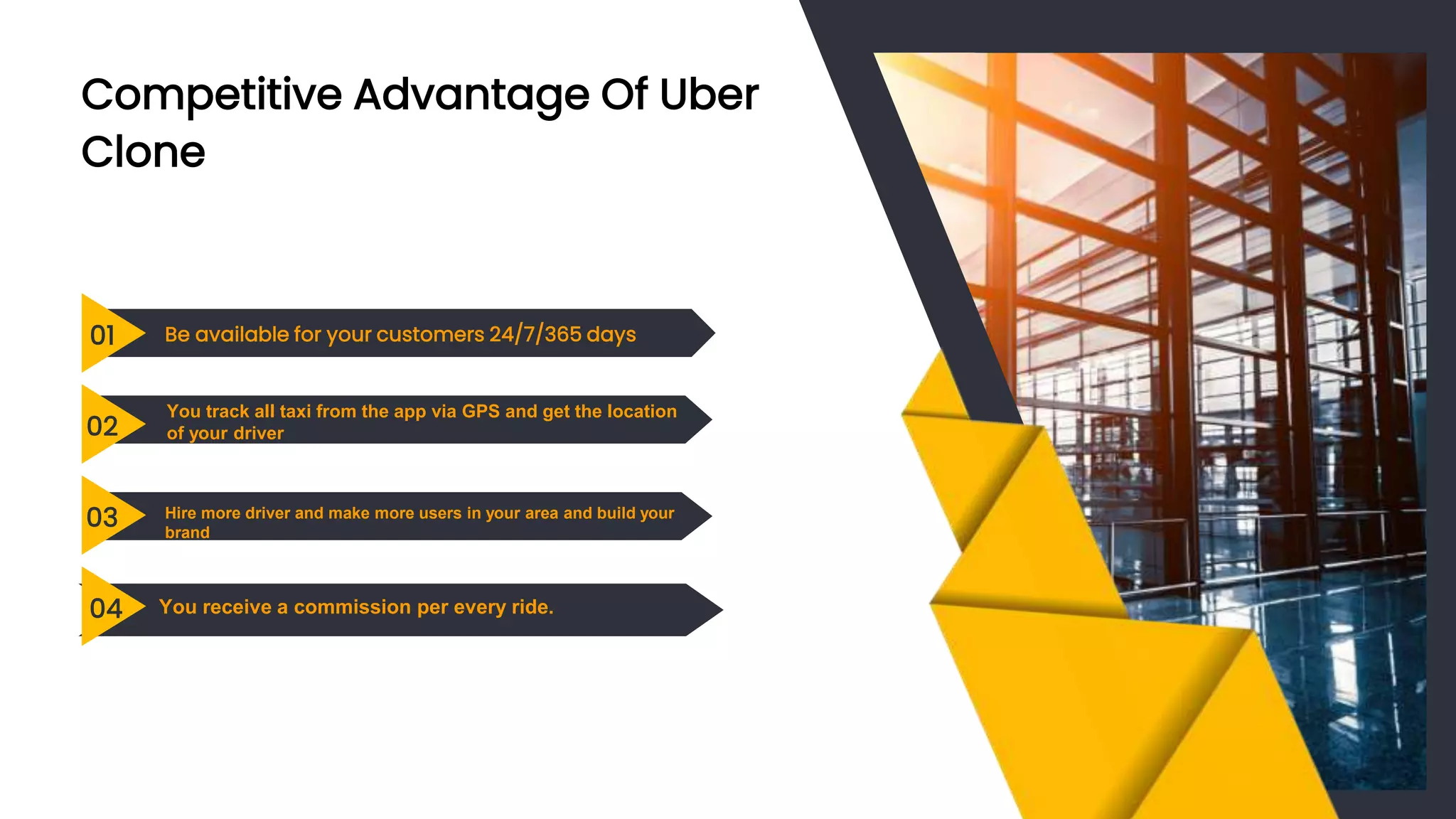 Competitive Advantage Of Uber
Clone
Be available for your customers 24/7/365 days
01
02
03
04
You track all taxi from the app via GPS and get the location
of your driver
Hire more driver and make more users in your area and build your
brand
You receive a commission per every ride.
 