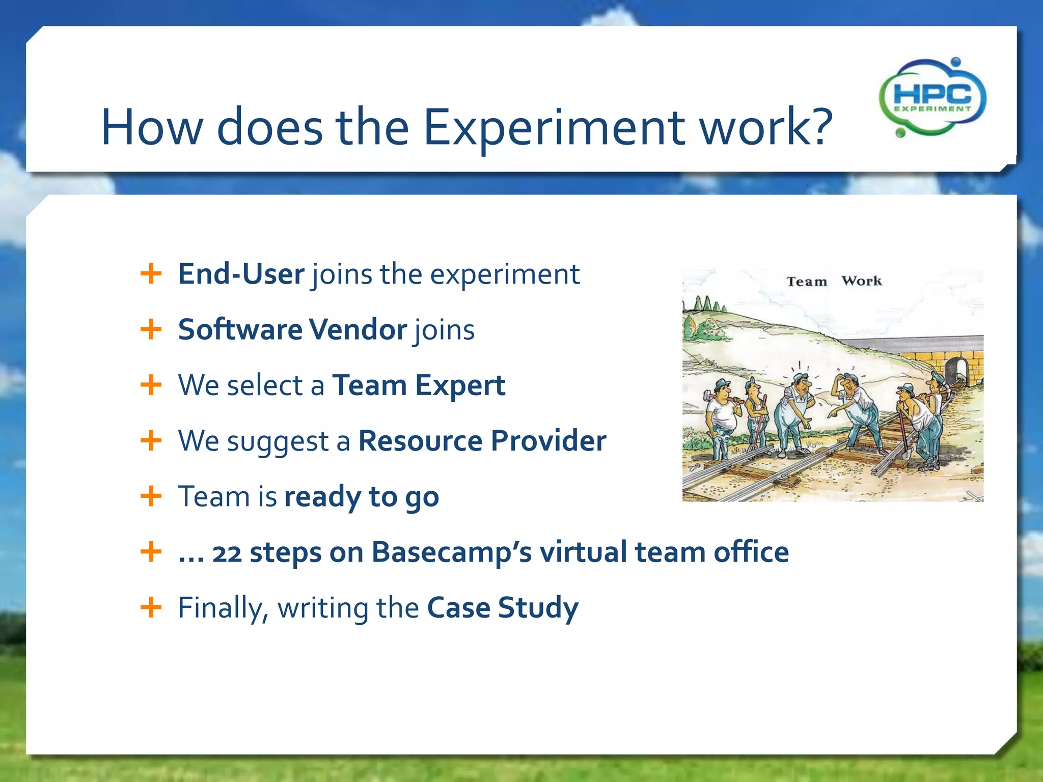 How does the Experiment work?
 End-User joins the experiment

 Software Vendor joins
 We select a Team Expert
 We suggest a Resource Provider

 Team is ready to go
 … 22 steps on Basecamp’s virtual team office
 Finally, writing the Case Study

 