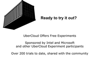 UberCloud Offers Free Experiments
Sponsored by Intel and Microsoft
and other UberCloud Experiment participants
Over 200 trials to date, shared with the community
Ready to try it out?
 