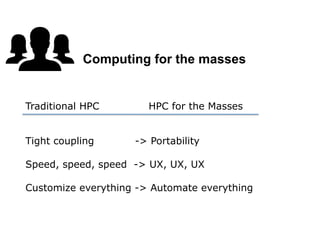 Traditional HPC HPC for the Masses
Tight coupling -> Portability
Speed, speed, speed -> UX, UX, UX
Customize everything -> Automate everything
Computing for the masses
 