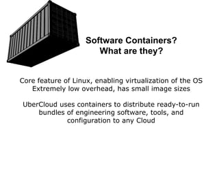 Core feature of Linux, enabling virtualization of the OS
Extremely low overhead, has small image sizes
UberCloud uses containers to distribute ready-to-run
bundles of engineering software, tools, and
configuration to any Cloud
Software Containers?
What are they?
 