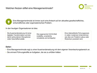 3www.osb-i.com
Welchen Nutzen stiftet eine Managementmode?
Eine Managementmode ist immer auch eine Antwort auf ein aktuelles gesellschaftliches,
wirtschaftliches oder organisatorisches Problem.
In den heutigen Organisationen ist dies:
Daher:
• Eine Managementmode regt zu einer Auseinandersetzung mit dem eigenen Verantwortungsbereich an.
• Sie erinnert Führungskräfte an Aufgaben, die sie zu erfüllen hätten.
Die Auseinandersetzung mit einer
digitalen Transformation und den
damit verbundenen Disruptionen
vieler Geschäftsmodelle
Eine diskreditierte Führungspraxis
in vielen modernen Unternehmen
wie dies von Frederic Laloux oder
Robertson postuliert wird.
Die sogenannte VUCA-Welt
(volatility, uncertainty,
complexity and ambiguity)
 