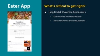 Eater App
● Help Find & Showcase Restaurants
○ Over 100K restaurants to discover
○ Restaurant menus are varied, complex
What’s critical to get right?
 