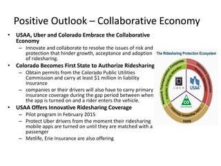 Positive Outlook – Collaborative Economy
• USAA, Uber and Colorado Embrace the Collaborative
Economy
– Innovate and collaborate to resolve the issues of risk and
protection that hinder growth, acceptance and adoption
of ridesharing.
• Colorado Becomes First State to Authorize Ridesharing
– Obtain permits from the Colorado Public Utilities
Commission and carry at least $1 million in liability
insurance
– companies or their drivers will also have to carry primary
insurance coverage during the gap period between when
the app is turned on and a rider enters the vehicle.
• USAA Offers Innovative Ridesharing Coverage
– Pilot program in February 2015
– Protect Uber drivers from the moment their ridesharing
mobile apps are turned on until they are matched with a
passenger
– Metlife, Erie Insurance are also offering
 