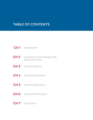 TABLE OF CONTENTS
CH 1 Introduction
CH 2 Creating Content Strategy with
Data at the Core
CH 3 Content Ideation
CH 4 Content Distribution
CH 5 Content Experience
CH 6 Content Performance
CH 7 Conclusion
 