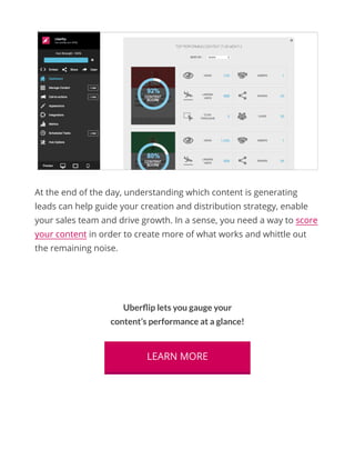 At the end of the day, understanding which content is generating
leads can help guide your creation and distribution strategy, enable
your sales team and drive growth. In a sense, you need a way to score
your content in order to create more of what works and whittle out
the remaining noise.
Uberflip lets you gauge your
content’s performance at a glance!
LEARN MORE
 