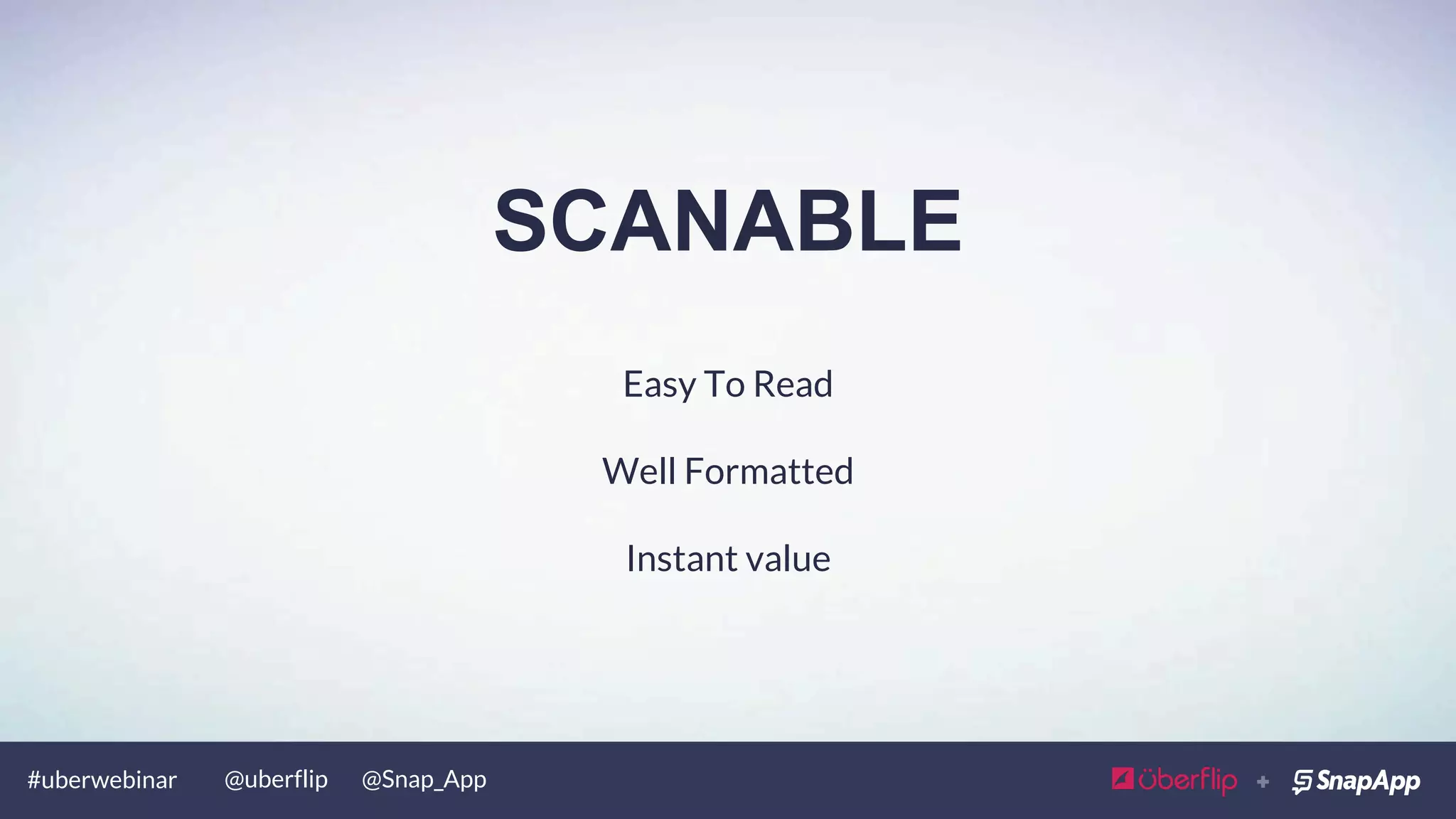 #uberwebinar @uberflip @Snap_App
Scanable
Actionable
Shareable
Scalable
You-oriented
IS YOUR CONTENT SASSY?
 