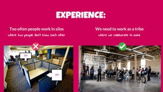 #UFculture
EXPERIENCE:
We embrace opportunities to
collaborate face-to-face
“People are more productive when they’re alone. But
they’re more collaborative and innovative when they’re
together. Some of the best ideas come from pulling
two different ideas together.”
- Marissa Mayer, Yahoo
 