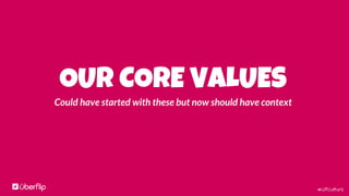 #UFculture
Our core Values
1. We are H.U.S.T.L.E.
2. Culture > Product > Revenue
3. Communicate Openly and With Transparency
4. Create Great Experiences
5. Be Valuable, Relevant and Consistent
6. Give Back
 