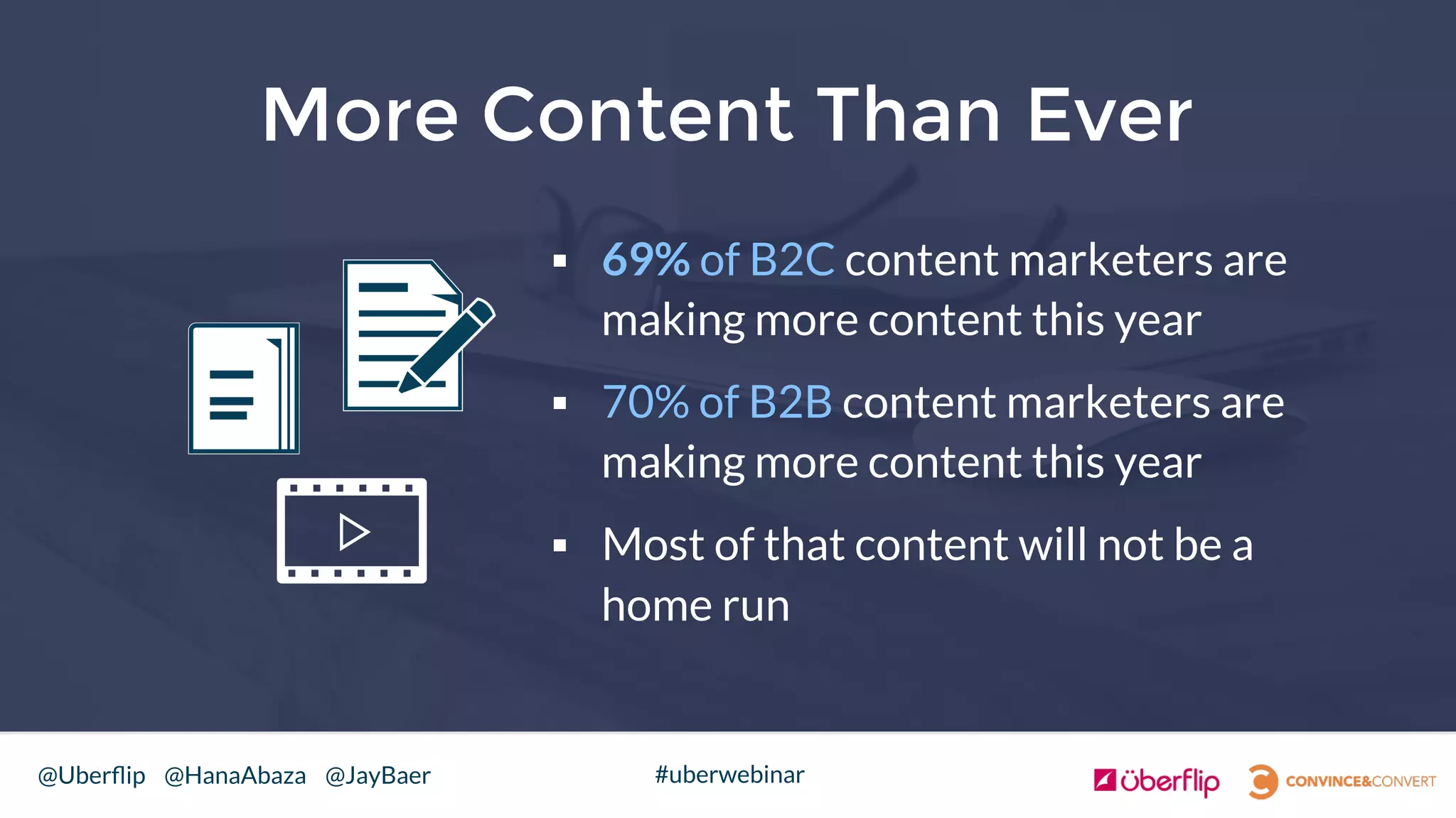 @Uberﬂip @HanaAbaza @JayBaer #uberwebinar
More Content Than Ever
§  69% of B2C content marketers are
making more content this year
§  70% of B2B content marketers are
making more content this year
§  Most of that content will not be a
home run
 