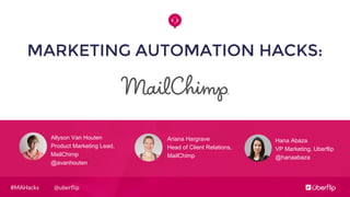 @uberﬂip#MAHacks
MARKETING AUTOMATION HACKS:
Allyson Van Houten
Product Marketing Lead,
MailChimp
@avanhouten
Hana Abaza
VP Marketing, Uberflip
@hanaabaza
Ariana Hargrave
Head of Client Relations,
MailChimp
 