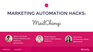 @uberﬂip#MAHacks
MARKETING AUTOMATION HACKS:
Allyson Van Houten
Product Marketing Lead,
MailChimp
@avanhouten
Hana Abaza
V...