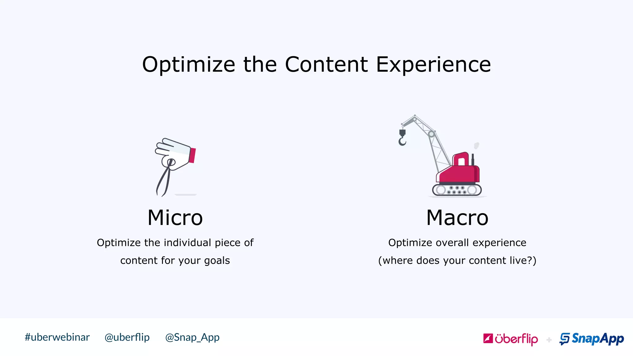 @uberﬂip @Snap_App#uberwebinar
Optimize the Content Experience
 !
Micro
Optimize the individual piece of
content for your goals
Macro
Optimize overall experience
(where does your content live?)
 