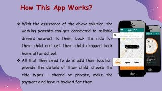 ❖ With the assistance of the above solution, the
working parents can get connected to reliable
drivers nearest to them, book the ride for
their child and get their child dropped back
home after school.
❖ All that they need to do is add their location,
provide the details of their child, choose the
ride types – shared or private, make the
payment and have it booked for them.
How This App Works?
 