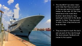 ➢ The UberBOAT provides riders
with rides that they can avail of
in the sea and works in the same
manner as the cabs. All that they
would have to do is add their
location. Upon doing so, they
would get connected to the decks
nearest to them. They now need
to select their drop location and
book the ride.
➢ They now need to reach the deck
and can avail of the ride through
the boat and give feedback and
review to the captain.
 