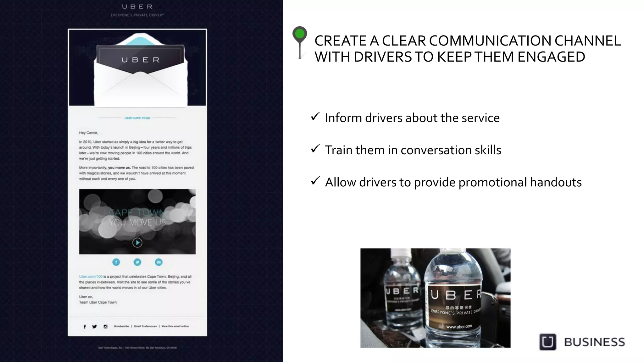 CREATE	
  A	
  CLEAR	
  COMMUNICATION	
  CHANNEL	
  
WITH	
  DRIVERS	
  TO	
  KEEP	
  THEM	
  ENGAGED	
  
  Inform	
  drivers	
  about	
  the	
  service	
  
  Train	
  them	
  in	
  conversation	
  skills	
  
  Allow	
  drivers	
  to	
  provide	
  promotional	
  handouts	
  	
  	
  
	
  
 