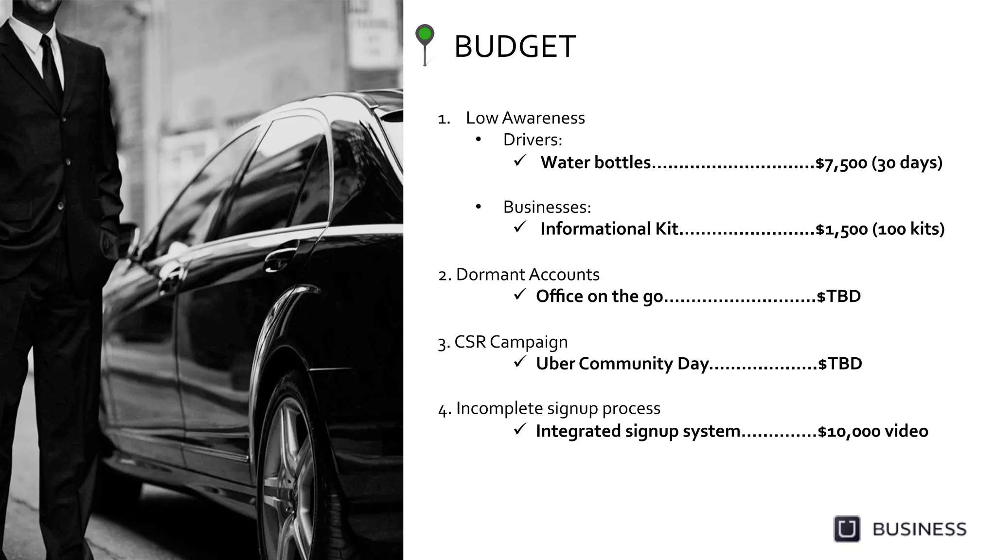 BUDGET	
  
1.  Low	
  Awareness	
  
•  Drivers:	
  
  Water	
  bottles…...........................$7,500	
  (30	
  days)	
  
•  Businesses:	
  
  Informational	
  Kit.………...............$1,500	
  (100	
  kits)	
  
	
  
2.	
  Dormant	
  Accounts	
  
  Oﬃce	
  on	
  the	
  go………………..……..$TBD	
  
	
  
3.	
  CSR	
  Campaign	
  
  Uber	
  Community	
  Day………..…..….$TBD	
  
	
  
4.	
  Incomplete	
  signup	
  process	
  
  Integrated	
  signup	
  system…..………$10,000	
  video	
  
 