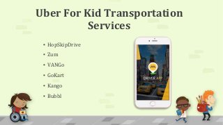 Uber For Kid Transportation
Services
▪ HopSkipDrive
▪ Zum
▪ VANGo
▪ GoKart
▪ Kango
▪ Bubbl
 