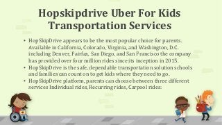 Hopskipdrive Uber For Kids
Transportation Services
▪ HopSkipDrive appears to be the most popular choice for parents.
Available in California, Colorado, Virginia, and Washington, D.C.
including Denver, Fairfax, San Diego, and San Francisco the company
has provided over four million rides since its inception in 2015.
▪ HopSkipDrive is the safe, dependable transportation solution schools
and families can count on to get kids where they need to go.
▪ HopSkipDrive platform, parents can choose between three different
services Individual rides, Recurring rides, Carpool rides:
 