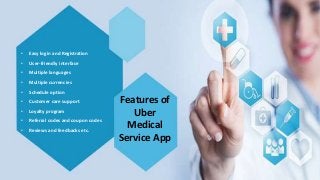 Features of
Uber
Medical
Service App
• Easy login and Registration
• User-friendly interface
• Multiple languages
• Multiple currencies
• Schedule option
• Customer care support
• Loyalty program
• Referral codes and coupon codes
• Reviews and feedbacks etc.
 