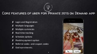Core features of uber for Private jets on Demand app
✘ Login and Registration
✘ Multiple languages
✘ Multiple currencies
✘ Real-time tracking
✘ Schedule options
✘ Flexible payment option
✘ Referral codes and coupon codes
✘ God eye view etc.
3
 