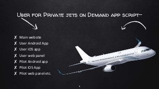 Uber for Private jets on Demand app script-
✘ Main website
✘ User Android App
✘ User iOS app
✘ User web panel
✘ Pilot Andr...