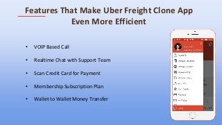 Features That Make Uber Freight Clone App
Even More Efficient
• VOIP Based Call
• Realtime Chat with Support Team
• Scan Credit Card for Payment
• Membership Subscription Plan
• Wallet to Wallet Money Transfer
 