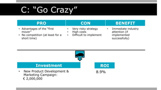 C: “Go Crazy”
PRO CON BENEFIT
•  Advantages of the “first
mover”
•  No competition (at least for a
short time)
•  Very risky strategy
•  High costs
•  Difficult to implement
•  Immediate industry
attention (if
implemented
successfully)
Investment
•  New Product Development &
Marketing Campaign:
€ 2,000,000
ROI
8.9%
 
