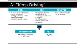 A: “Keep Driving”
PRO CON BENEFIT
•  No need for investments in
R&D or innovation
•  Existing customers can be
used as adv...