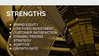 STRENGTHS
● BRAND EQUITY
● LOW FIXED INVESTMENT
● CUSTOMER SATISFACTION
● DYNAMIC PRICING
STRATEGY
● ADAPTIVE
● GROWTH RATE
 