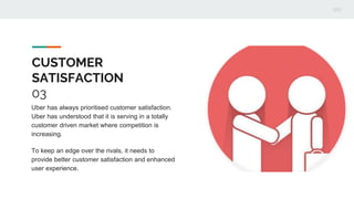 CUSTOMER
SATISFACTION
03
Uber has always prioritised customer satisfaction.
Uber has understood that it is serving in a totally
customer driven market where competition is
increasing.
To keep an edge over the rivals, it needs to
provide better customer satisfaction and enhanced
user experience.
 